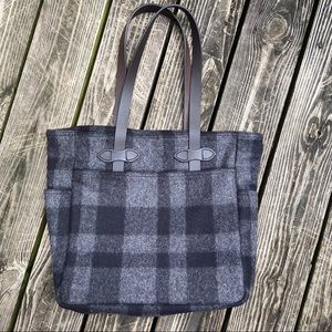 Filson virgin wool grey plaid tote bag leather NWT